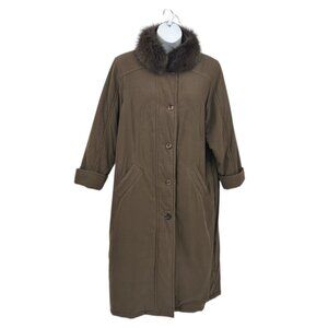 BERNARDO Full Length Quilted Winter Jacket FOX FUR Removable Collar Sz XL Brown
